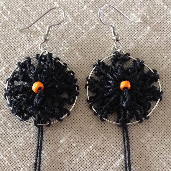 Boho Crocheted Black Pierced Earrings Handcrafted with Orange Accent Bead - Picture 2 of 4